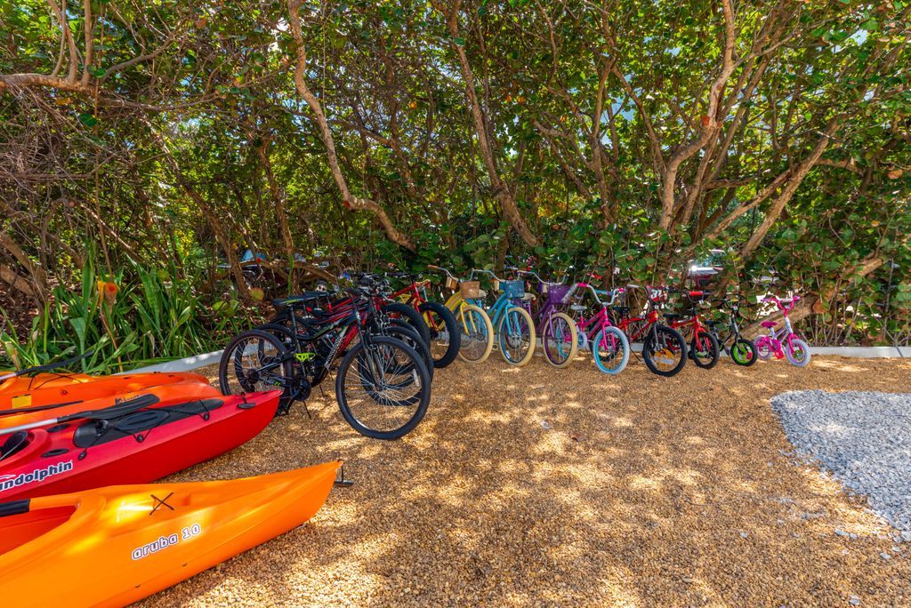 Assorted bicycles and kayaks provided as a house amenity