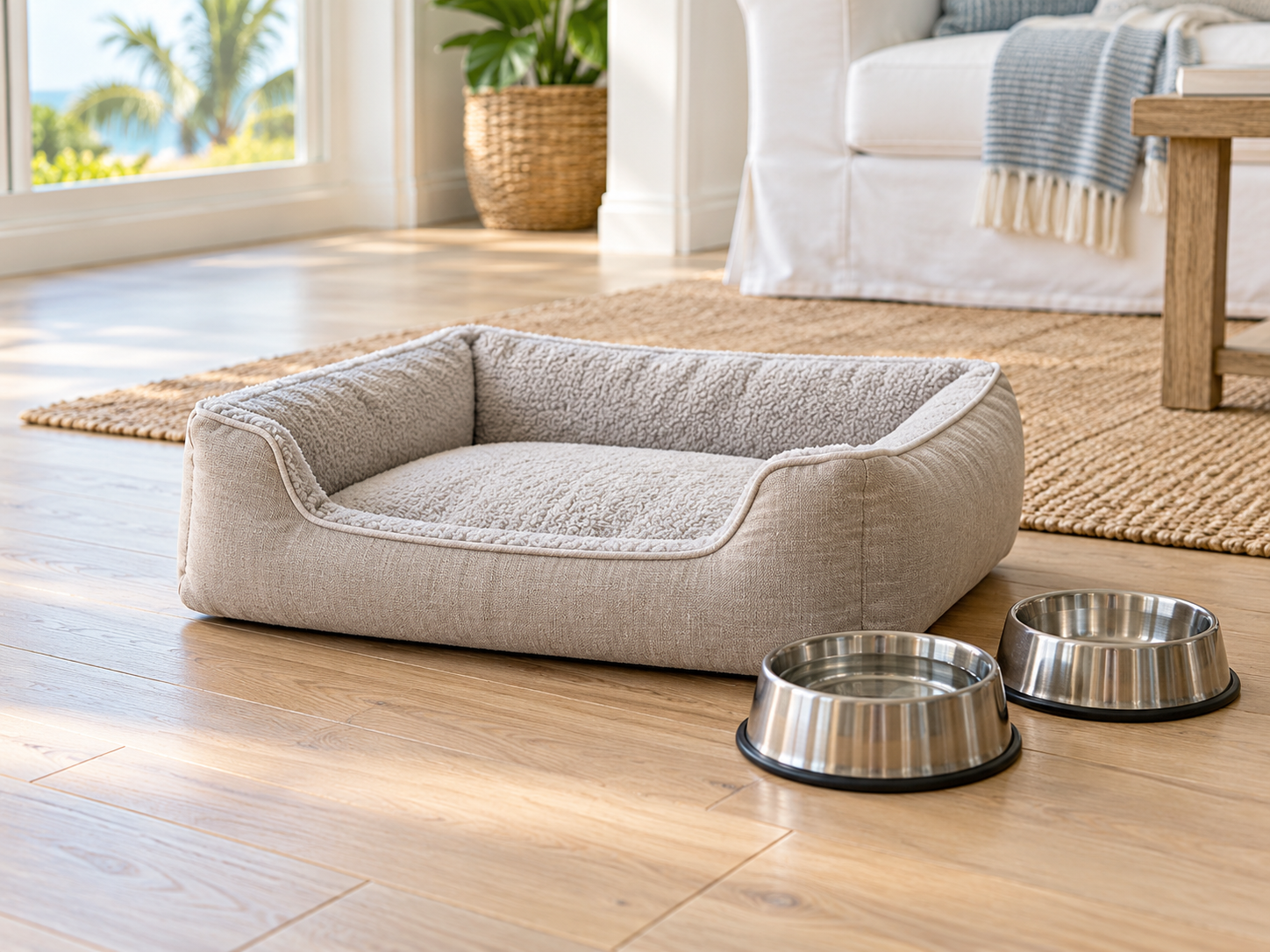 Pet bed and bowls